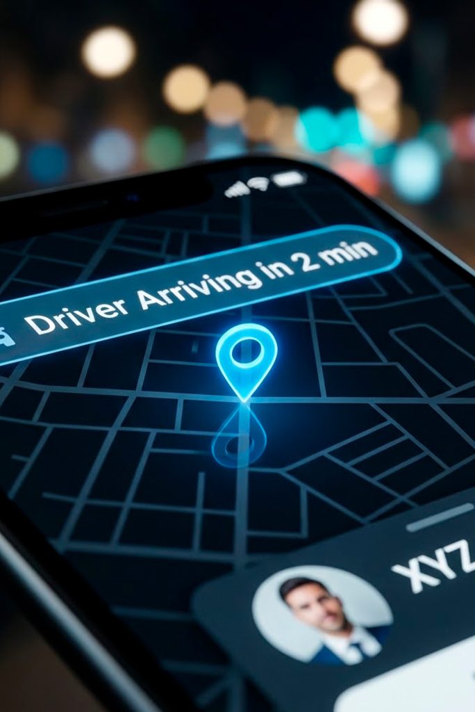 Pantalla de smartphone mostrando ubicación y llegada de conductor en app de transporte.