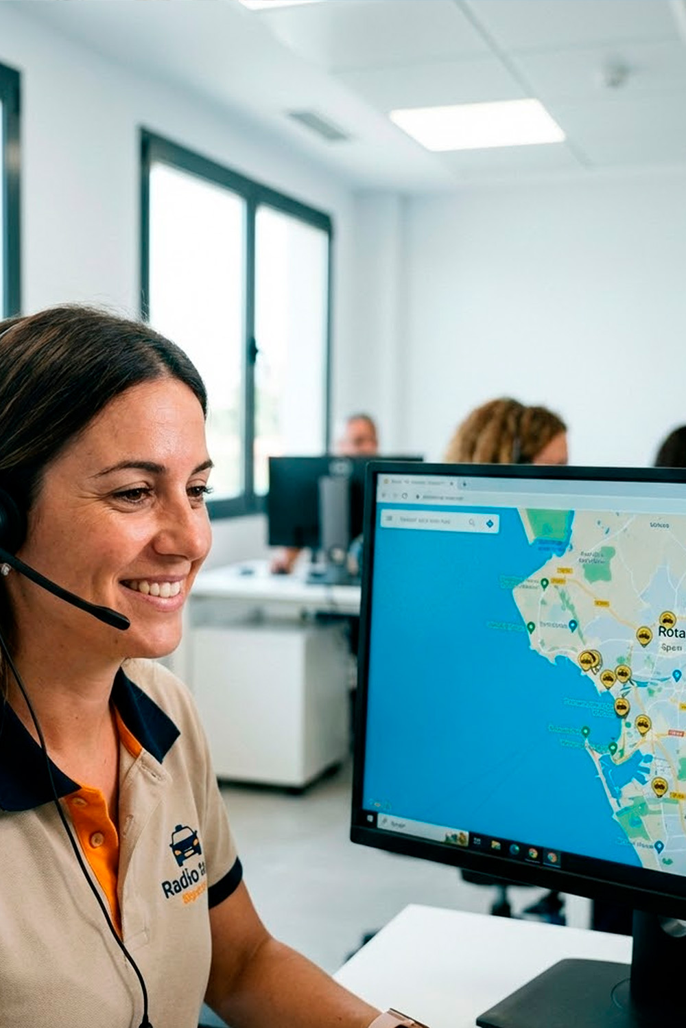 Operadora de radio taxi utilizando un headset y un monitor mostrando un mapa digital en una oficina.