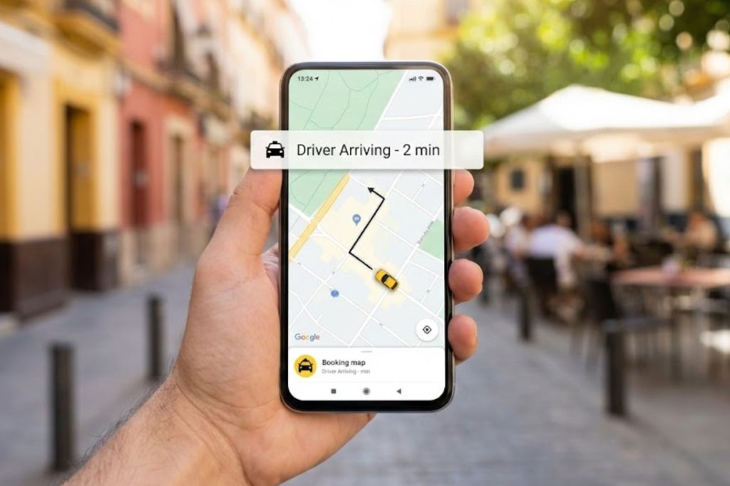 Pantalla de smartphone mostrando mapa en app de taxi con notificación de conductor llegando en 2 minutos.