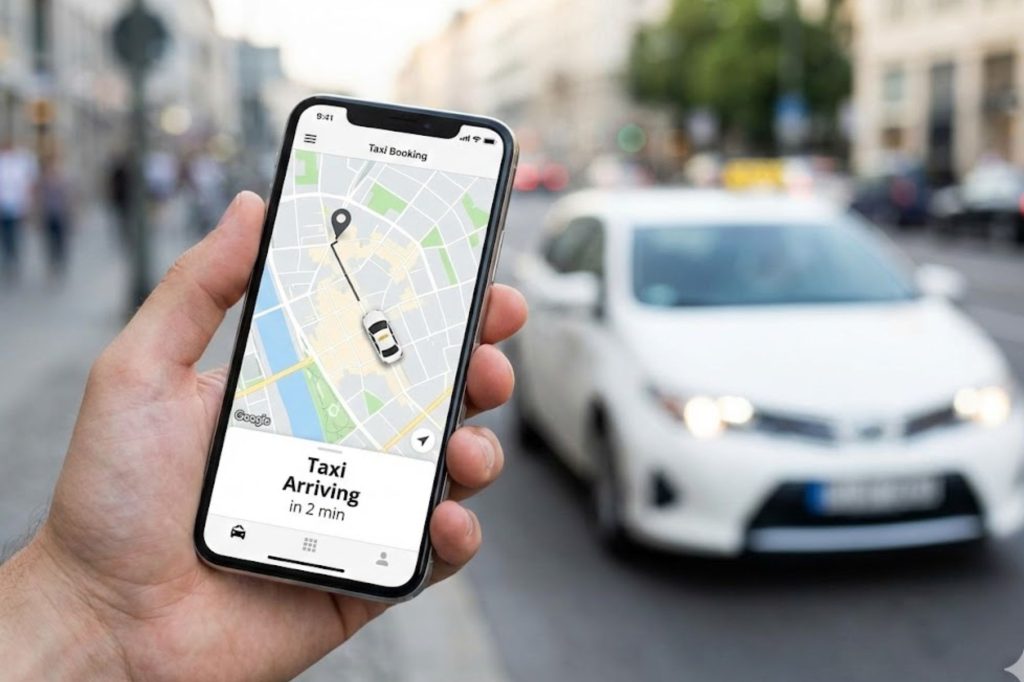 Pantalla de smartphone mostrando una aplicación de reserva de taxis con un auto en la calle