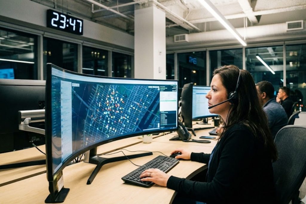 Mujer operadora utilizando sistema de vigilancia con múltiples pantallas en un centro de control durante la noche, con un mapa en pantalla.