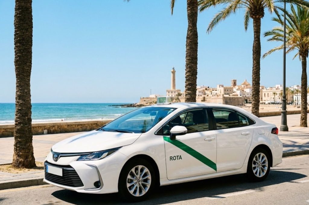 Coche de alquiler blanco en Rota con el Faro de Chipiona y la playa de fondo, bordeado por palmeras
