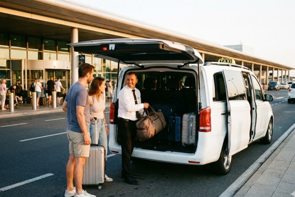 Pareja recibiendo servicio de taxi en el aeropuerto con maletas y conductor ayudando.