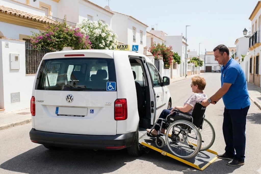Taxi accesible con rampa para persona en silla de ruedas, asistida por conductor