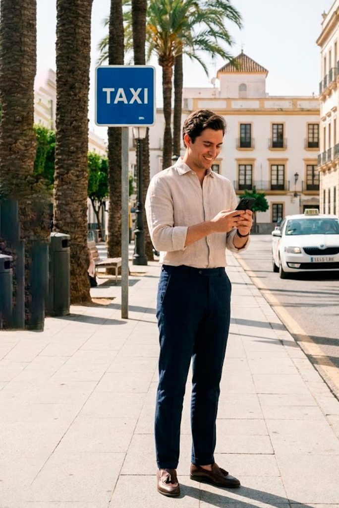 Hombre revisando su teléfono cerca de una parada de taxi en una calle con palmeras y arquitectura clásica en un día soleado.