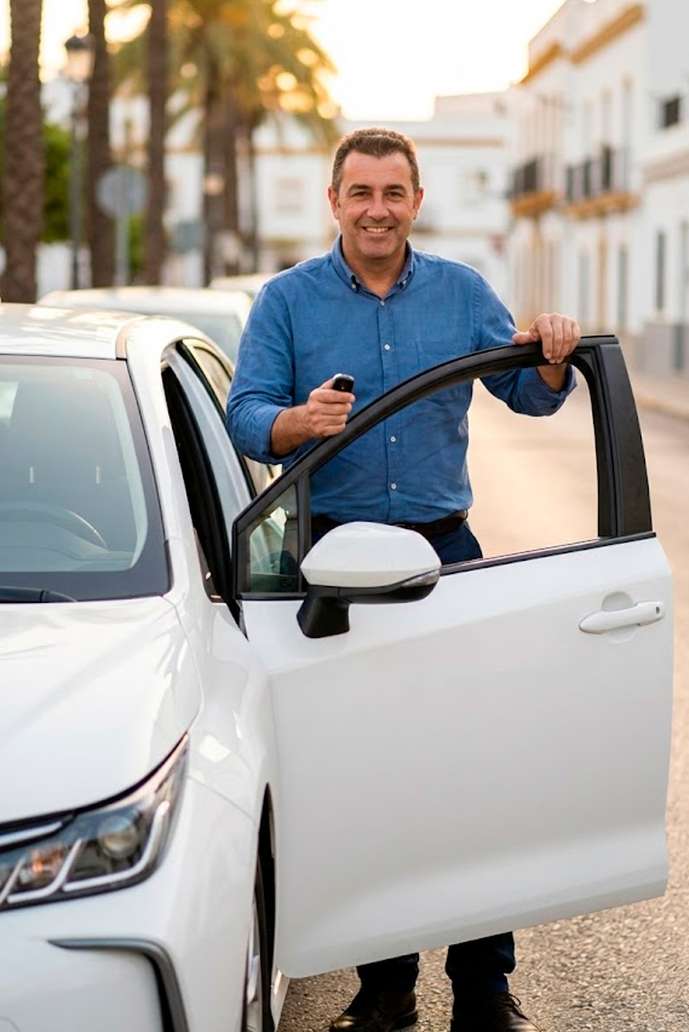 Hombre sonriente con camisa azul sosteniendo una llave junto a un coche blanco con la puerta abierta, en una calle con palmeras y edificios blancos.